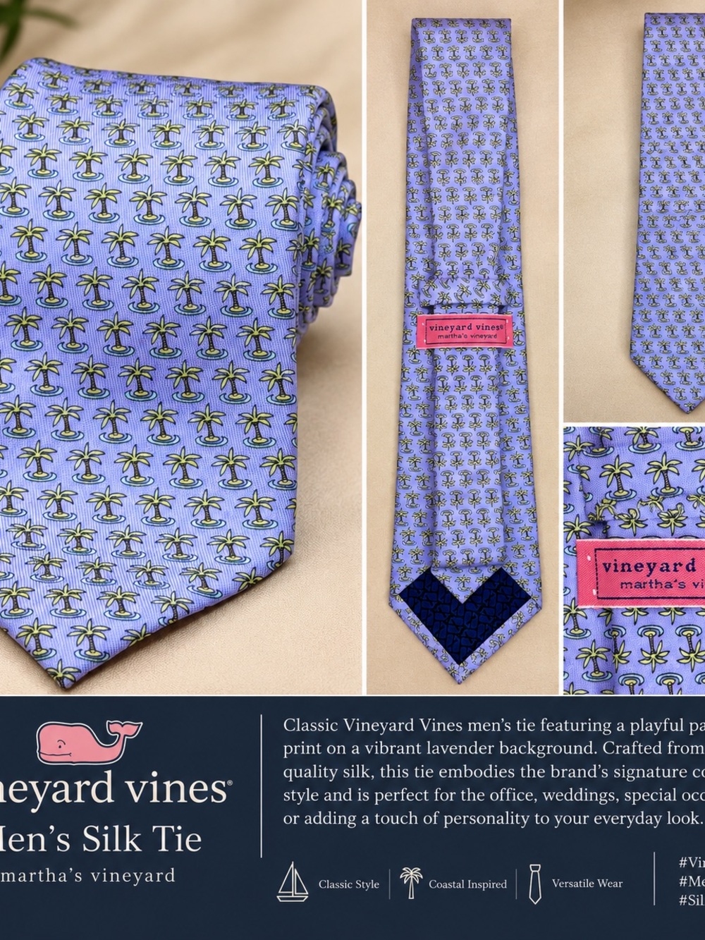 Vineyard Vines Lavender Palm Tree Silk Tie